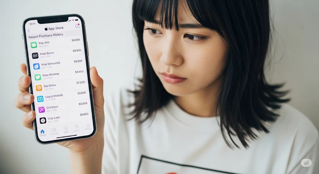 スマートフォンの画面でAppleの購入履歴を確認する女性