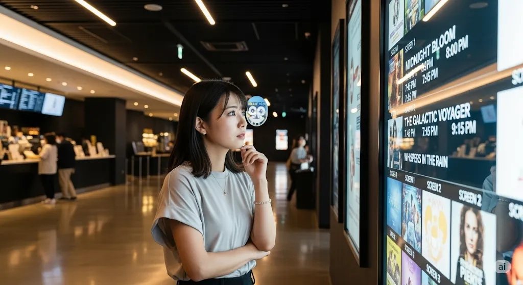 映画館のロビーで、若い女性が上映スケジュールが表示された大きなデジタルスクリーンを見上げ、思案している。