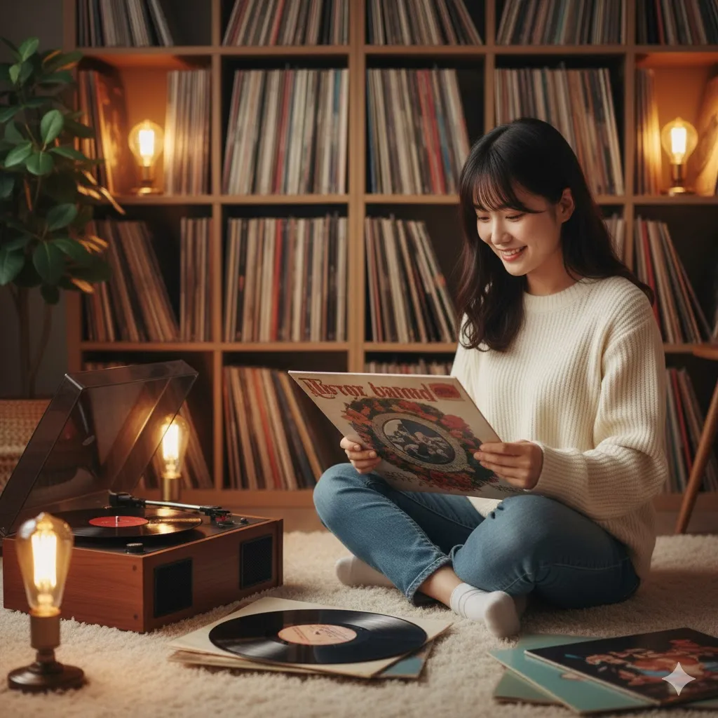 レコード棚に囲まれた暖かい部屋で、若い女性が床に座り、レコードジャケットを笑顔で眺めている。