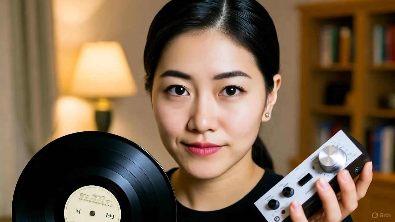 日本人女性がレコード盤と小型のフォノイコライザーを手に持ち、カメラに微笑んでいる。