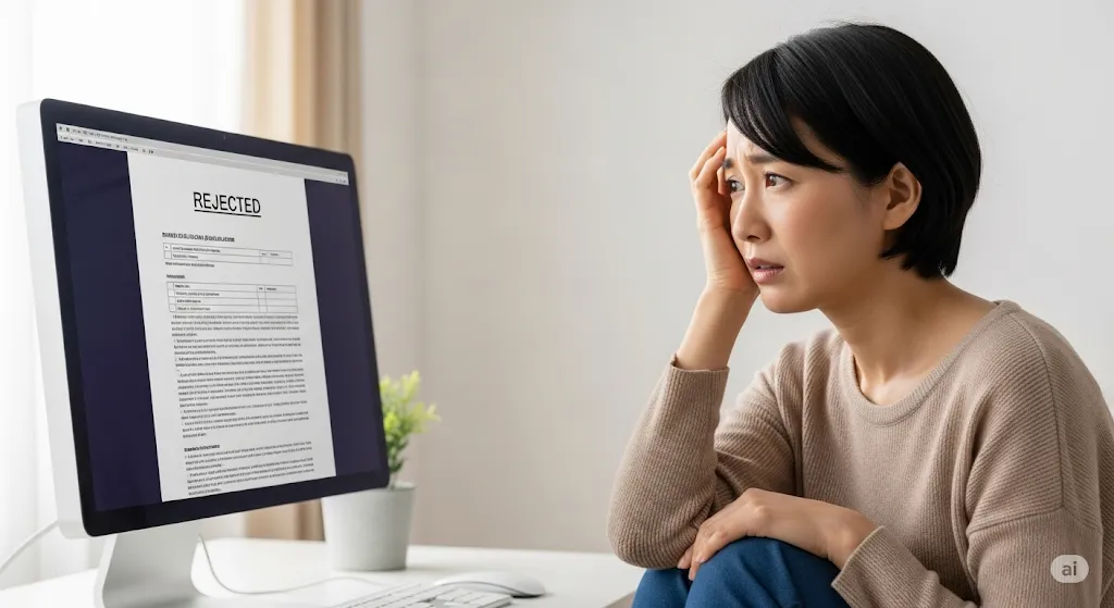 申請書類に「REJECTED(拒否)」と表示されたコンピュータ画面の前で、困惑した女性が座っている。片手で頭を抱え、落胆し、不満そうな表情をしている。