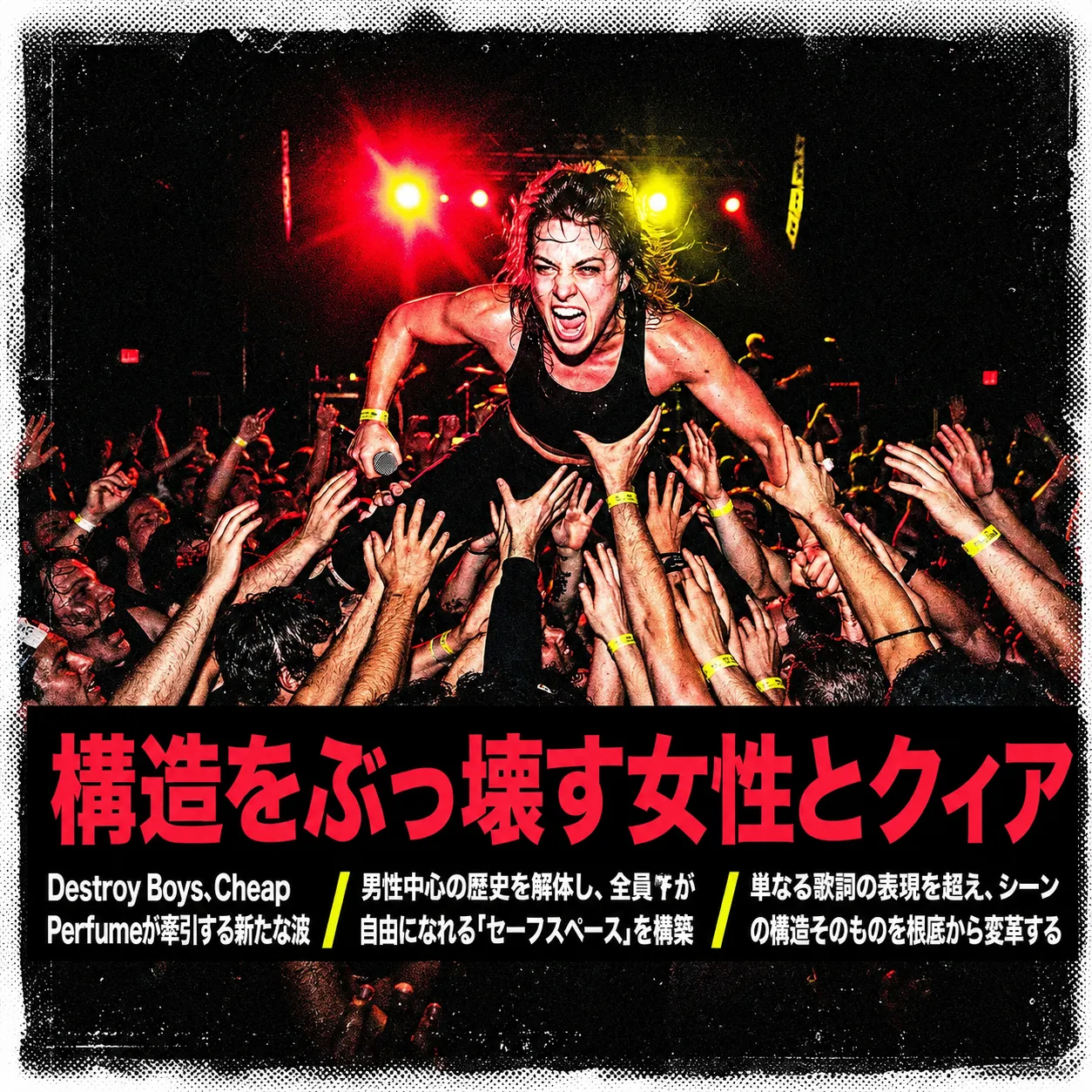 ライブ会場で叫びながらクラウドサーフする女性パンクシンガーと観客の手。「構造をぶっ壊す女性とクィア」の見出しと、Destroy BoysやCheap Perfumeが牽引する音楽シーン変革についての記事画像。