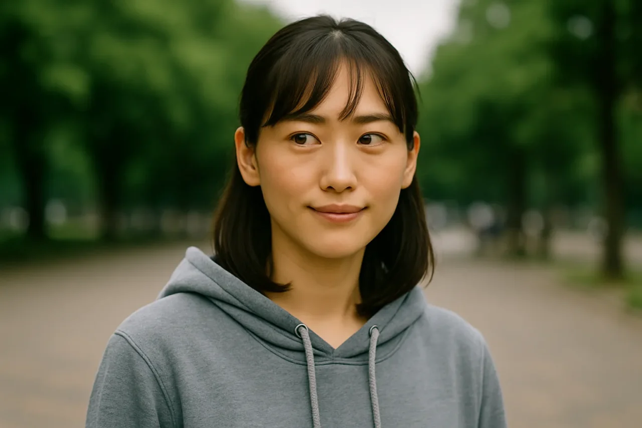 パーカー姿でやさしくほほ笑む清潔感のある日本人女性の横長写真