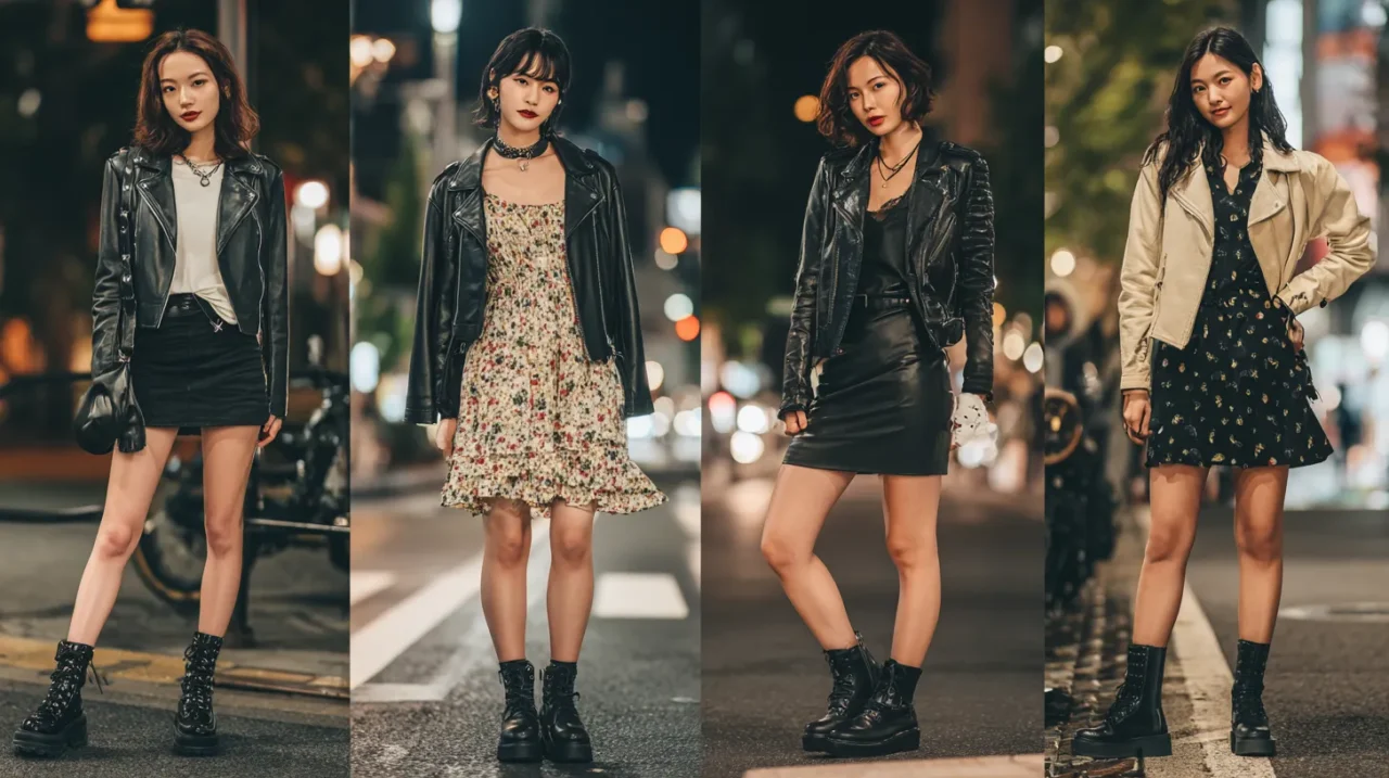 夜の街を背景に、黒やベージュの革ジャンとスカートやワンピース、ブーツを組み合わせた4人の女性が並んで立ち、パンク要素を取り入れたレディースコーデをそれぞれ違うスタイルで見せている写真