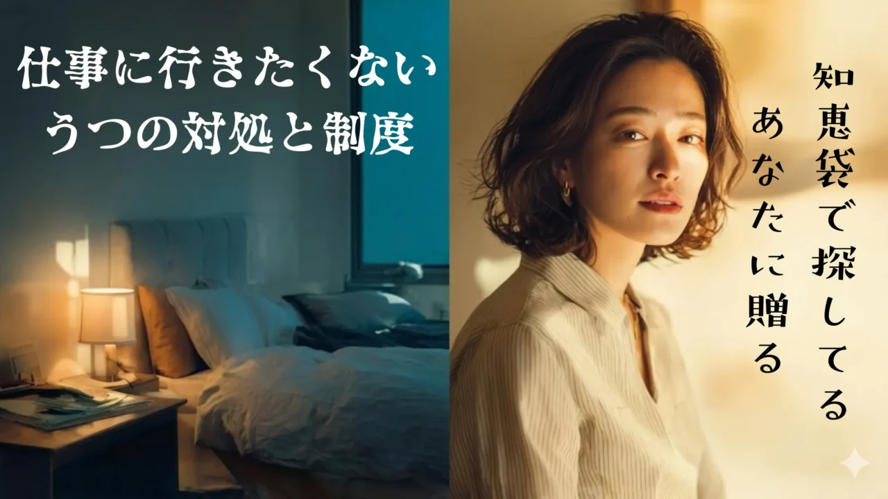 仕事に行きたくない朝をイメージした寝室と、前向きに視線を向ける女性を組み合わせたアイキャッチ画像