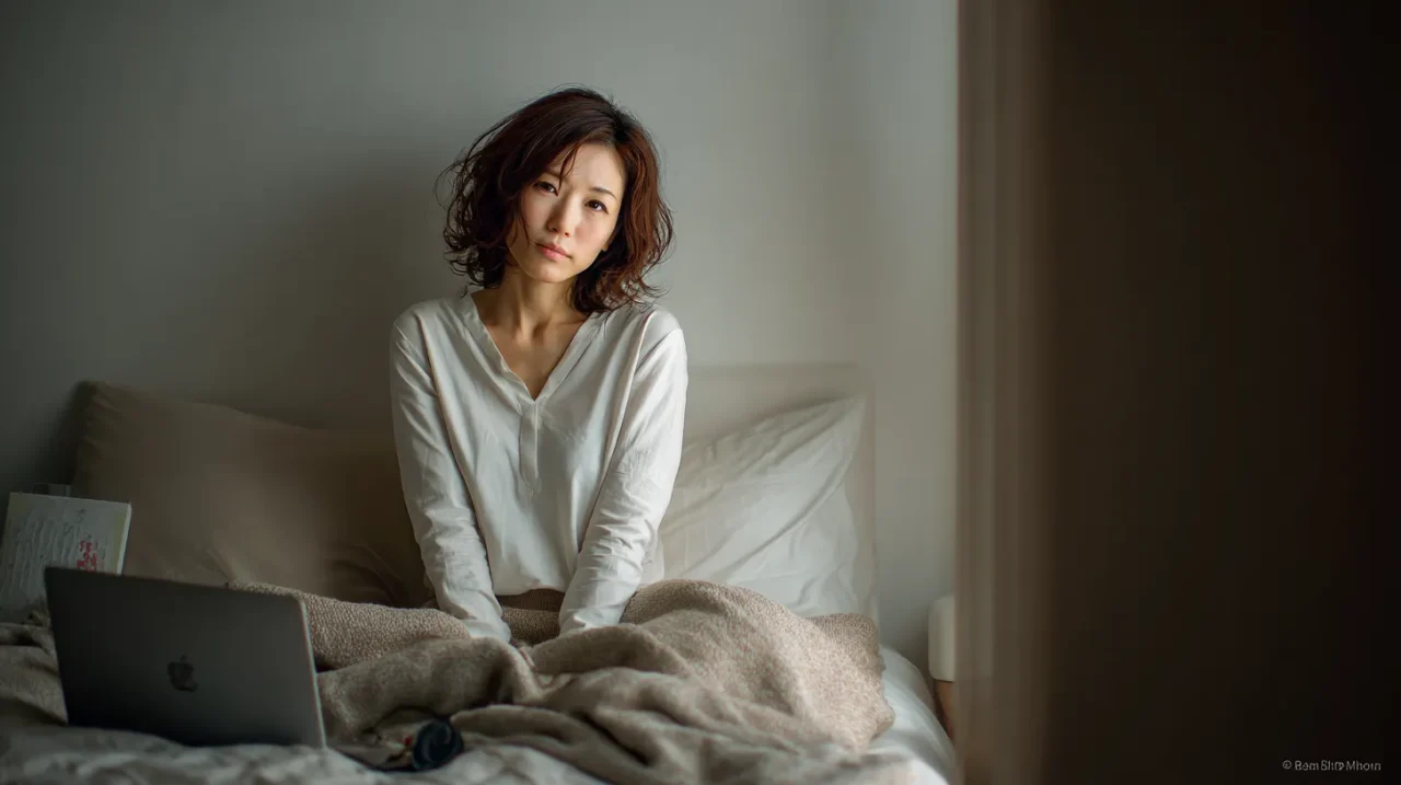 朝のベッドに座り、仕事に行く前の疲れや迷いを感じている女性とノートPC