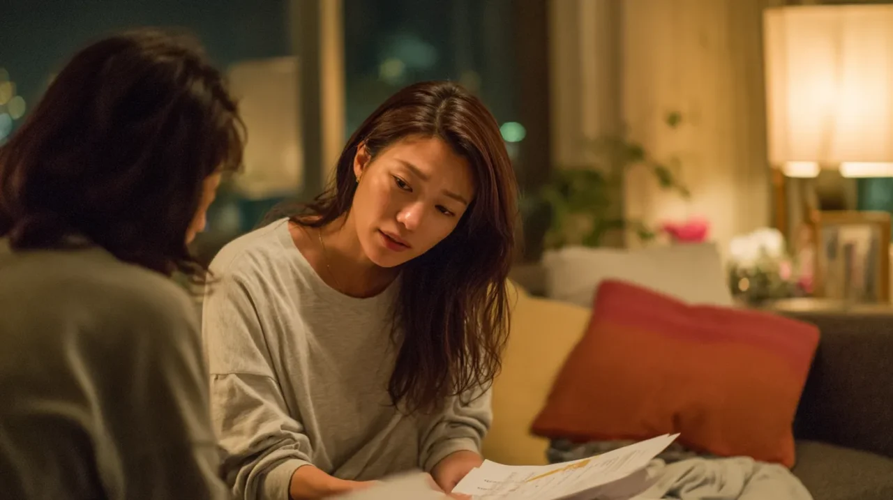 労災認定が難しい理由について友人と一緒に書類を確認しながら悩む日本人女性のイメージ写真