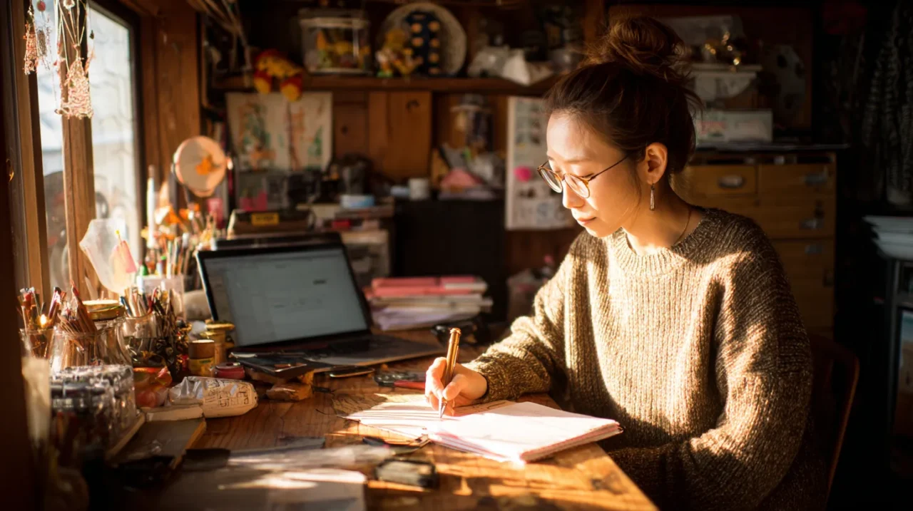 自宅の作業机でノートに書き物をしながら、在宅ワークや副業に取り組む50代の日本人女性