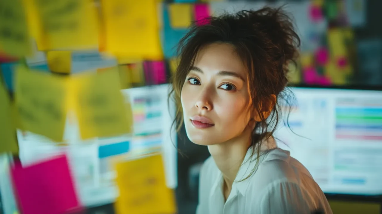付箋が大量に貼られた職場で、タスク過多の状況を抱える30代の美しい日本人女性が振り返る。背後に作業画面のモニターが複数見える
