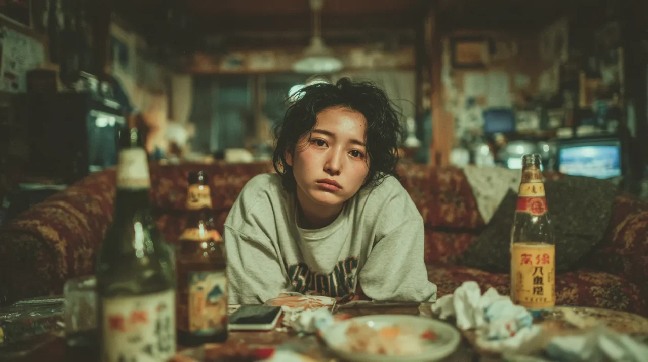 叱責が続き自宅で飲酒に逃げてしまう30代日本人女性と、散らかった部屋の様子