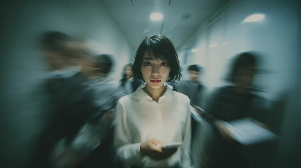 職場のパワハラやカスハラによる心理的圧力に耐えながら、廊下でスマホを握りしめ不安げな表情を浮かべる日本人女性のイメージ