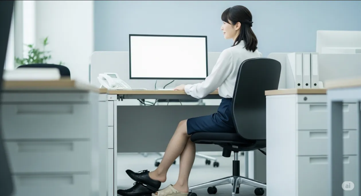 オフィスで働く若い女性が、デスクワーク中に革靴を脱ぎ、代わりにベージュのオフィスサンダルを履いている様子を横から捉えた写真。彼女はパソコンに向かっており、足元のみが強調されている。オフィス内は明るく、清潔感がある。