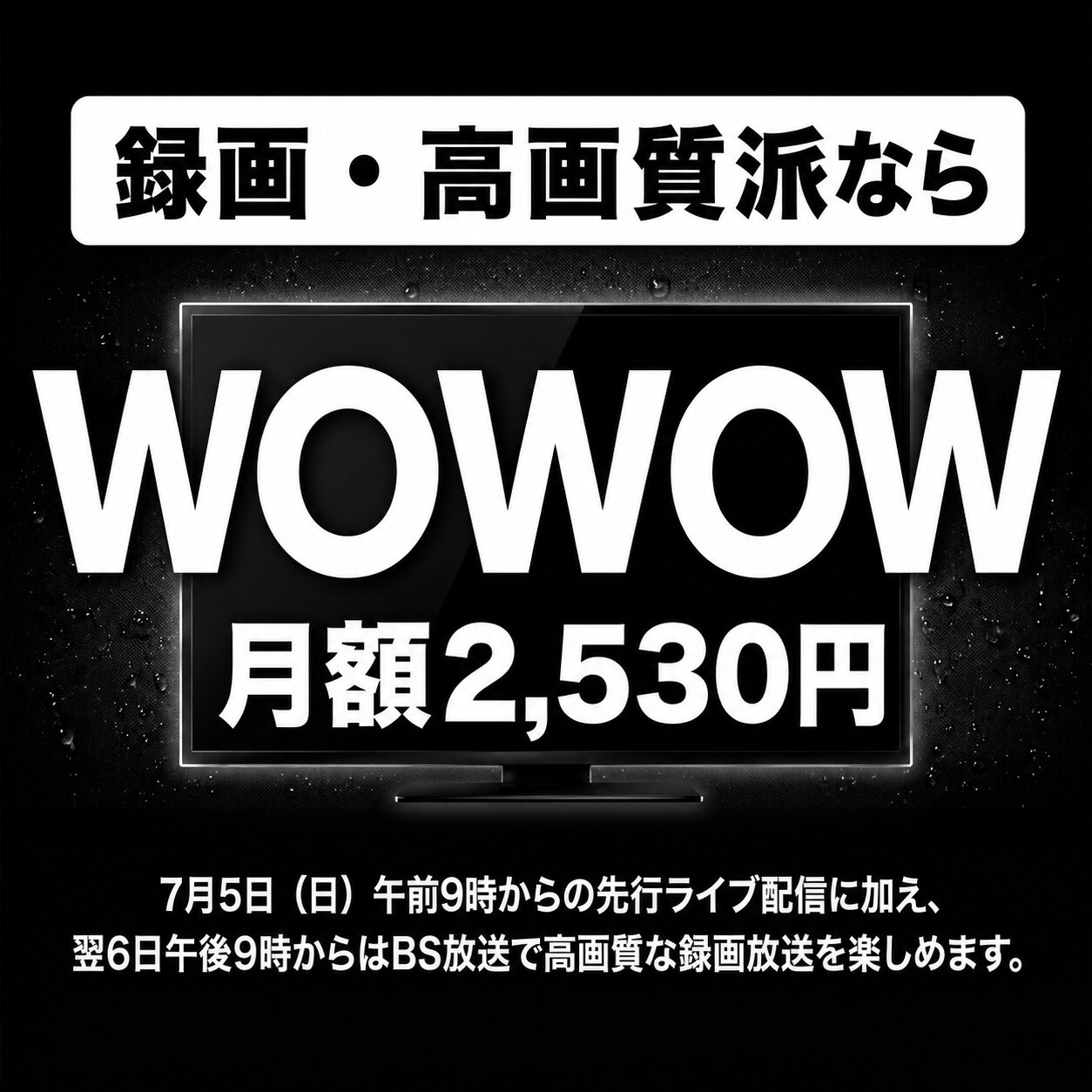 録画・高画質派ならWOWOW、月額2,530円。7月5日(日)午前9時からの先行ライブ配信に加え、翌6日午後9時からはBS放送で高画質な録画放送を楽しめる広告画像。