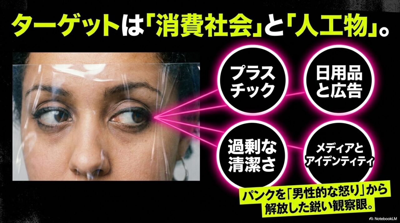 Xレイスペックスの歌詞が扱う消費社会や人工物のテーマを示す画像