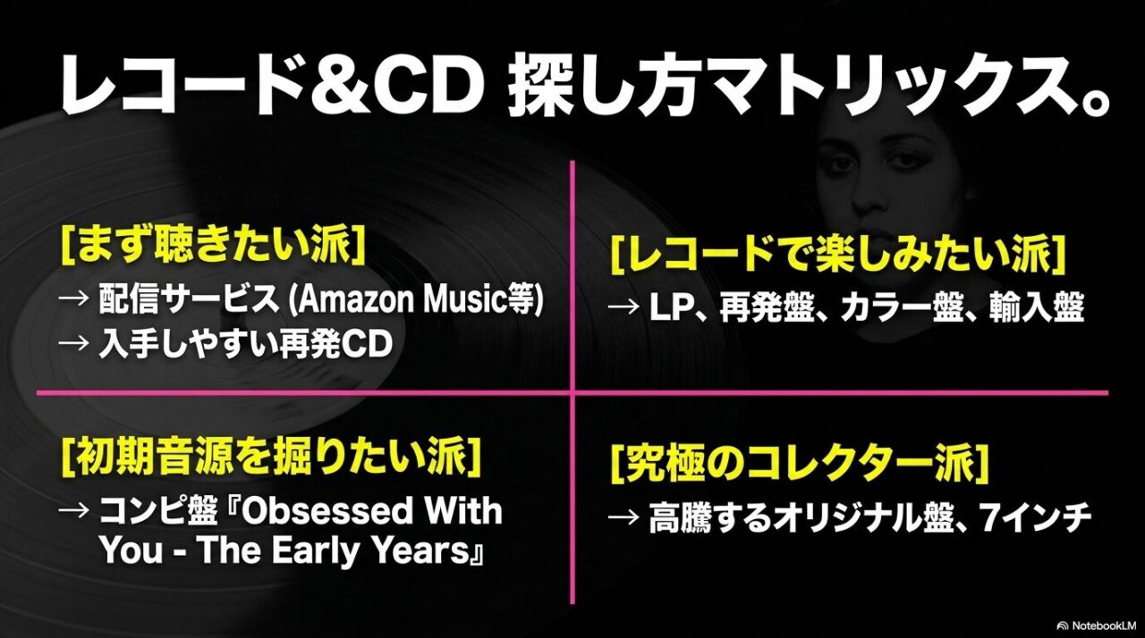 XレイスペックスのレコードとCDの探し方を目的別に整理した画像
