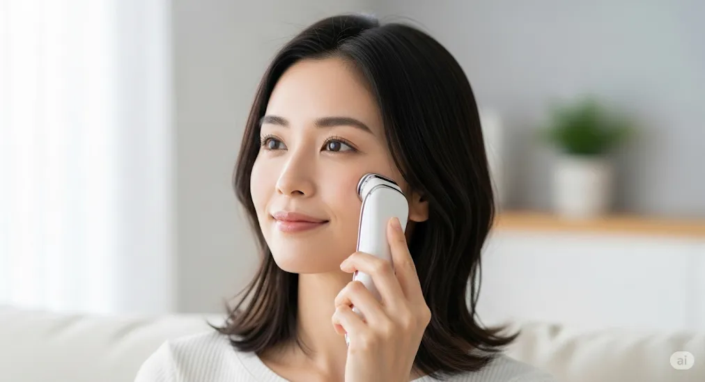 ヤーマンの美顔器を安心して使用する女性。EMS機能の銀歯への影響など安全性を考慮しつつ、リラックスした表情で頬をケアしている。