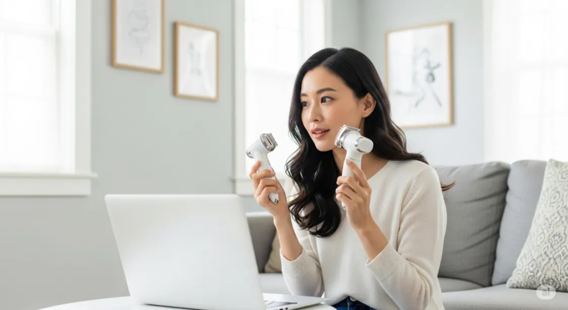 ヤーマンの美顔器を選ぶために、ブログ記事をノートパソコンで読みながら2種類のモデルを比較検討している女性。