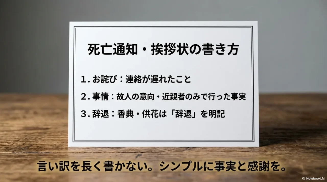 死亡通知と挨拶状はお詫び・事情・辞退の順で短くまとめるという書き方の要点画像