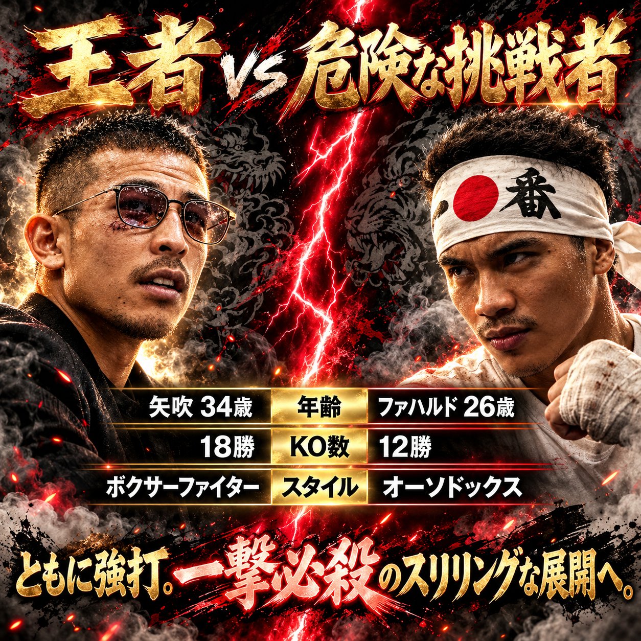 矢吹正道とミエル・ファハルドが向き合い、年齢・KO数・スタイルを比較した赤黒と金色の対戦比較ポスター画像。
