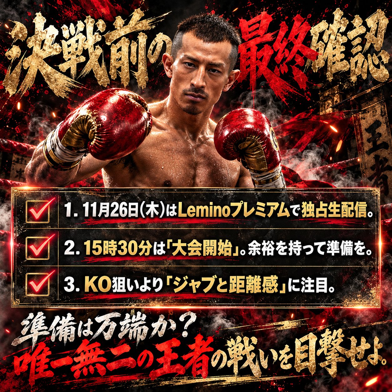 矢吹正道の構えと、Lemino独占生配信・15時30分大会開始・ジャブと距離感の3点を整理した最終確認画像。