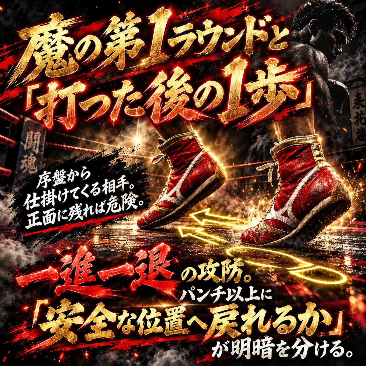 赤いボクシングシューズと移動方向の矢印で、序盤の攻防とパンチ後に安全な位置へ戻る一歩の重要性を示す画像。