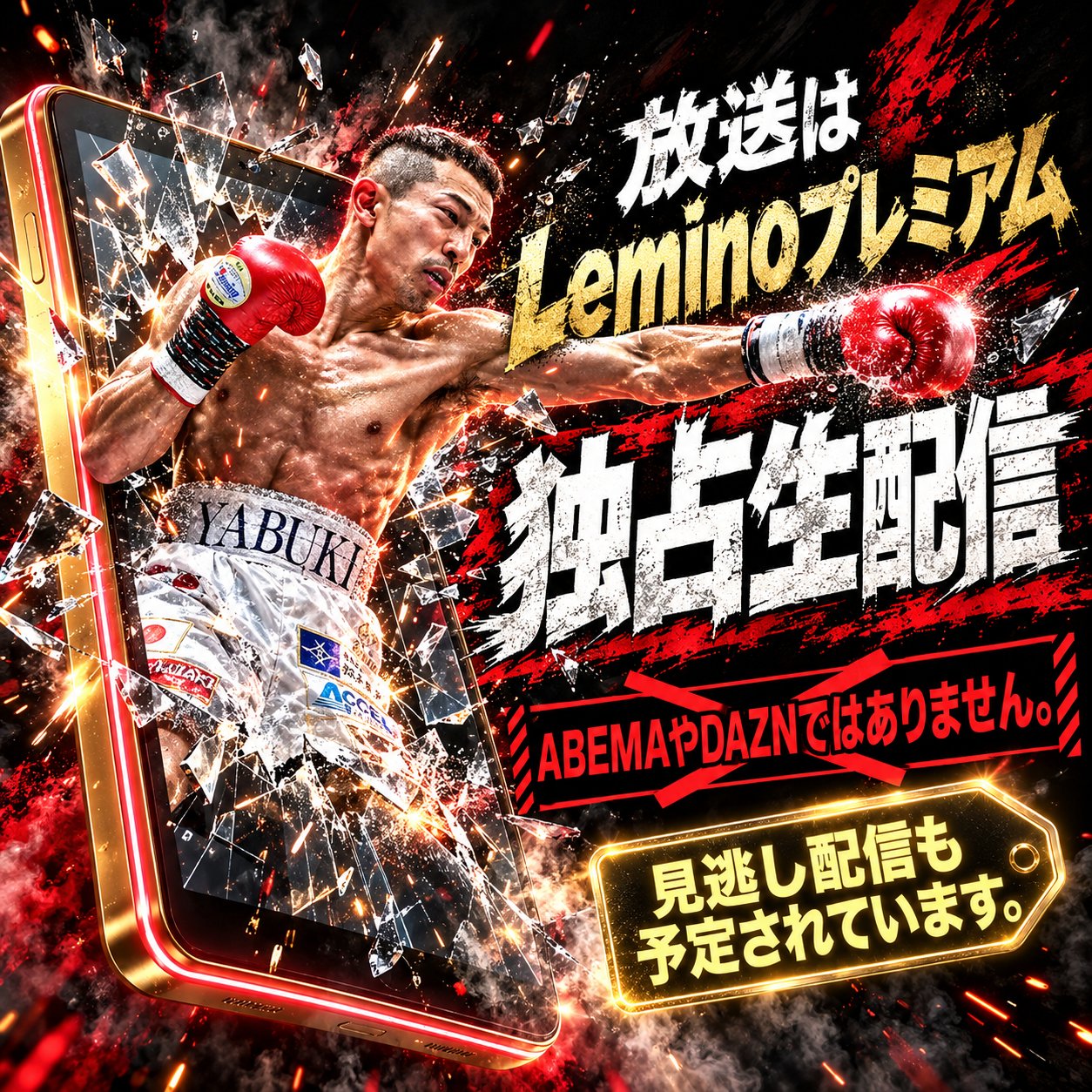 赤いグローブでパンチを放つ矢吹正道と、Leminoプレミアム独占生配信、ABEMA・DAZNではない旨を示す告知画像。