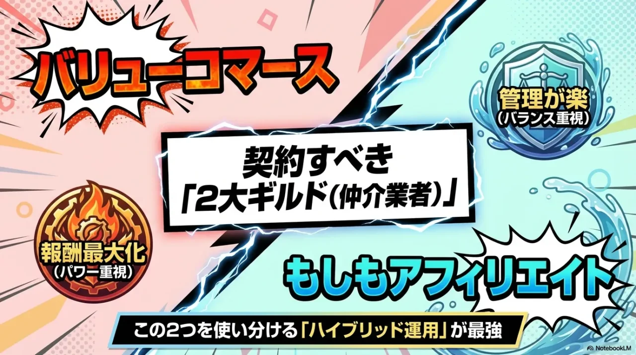 報酬最大化のバリューコマースと管理重視のもしもアフィリエイトを使い分けるハイブリッド運用の図解