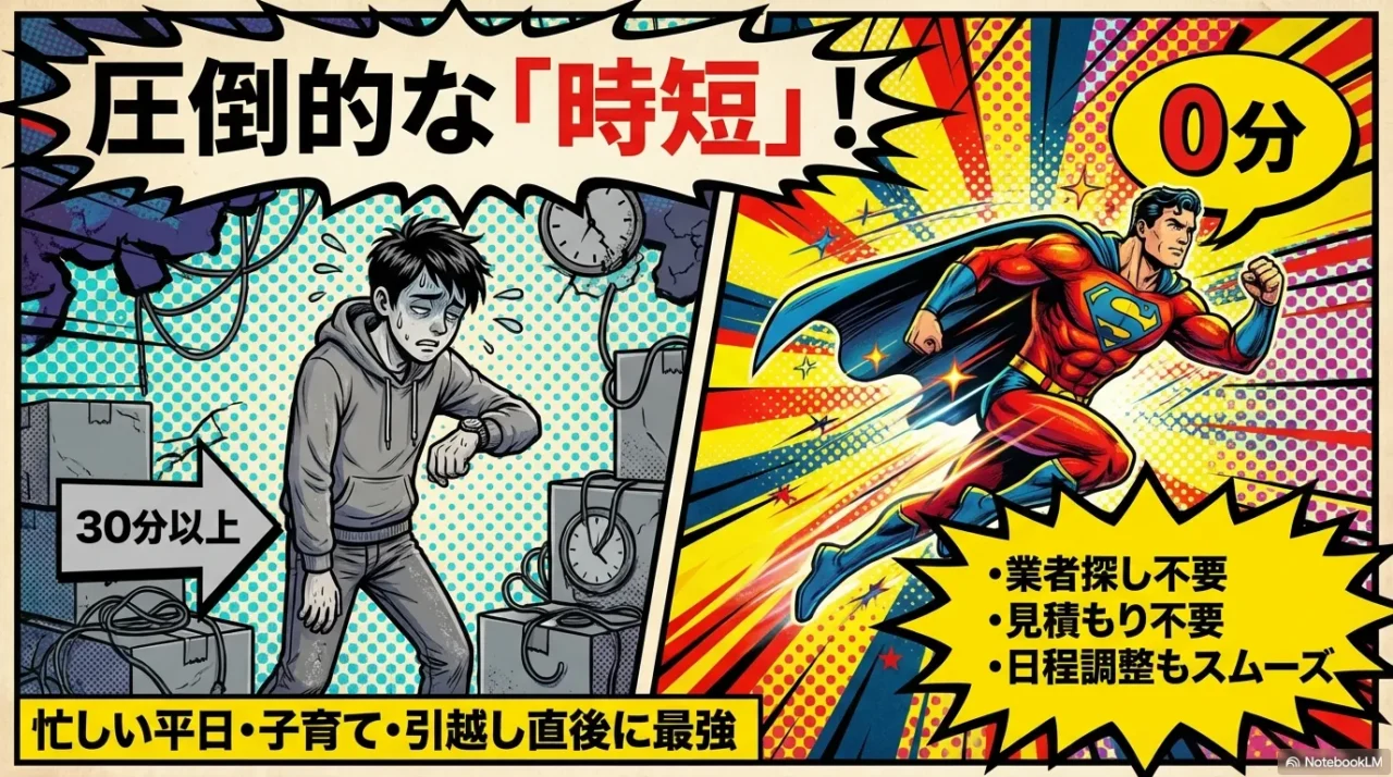 業者探しや見積もりの手間が減り時短になる図