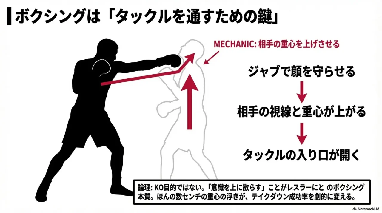ジャブで意識を上げてタックルを通す ボクシングのセットアップ図