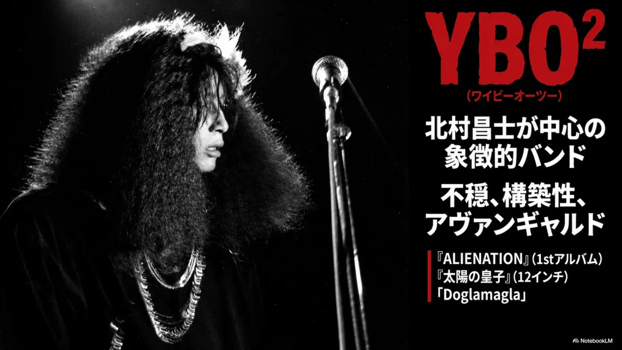 北村昌士が中心となったバンドYBO2の特徴と代表作を紹介する画像