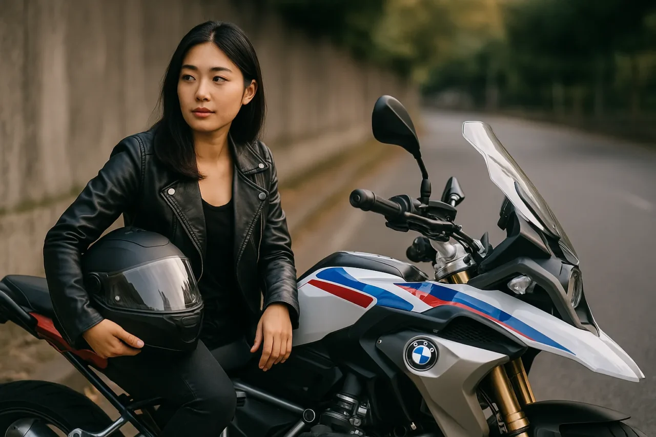 BMWバイクの隣でヘルメットを持ち佇む若い日本人女性ライダー