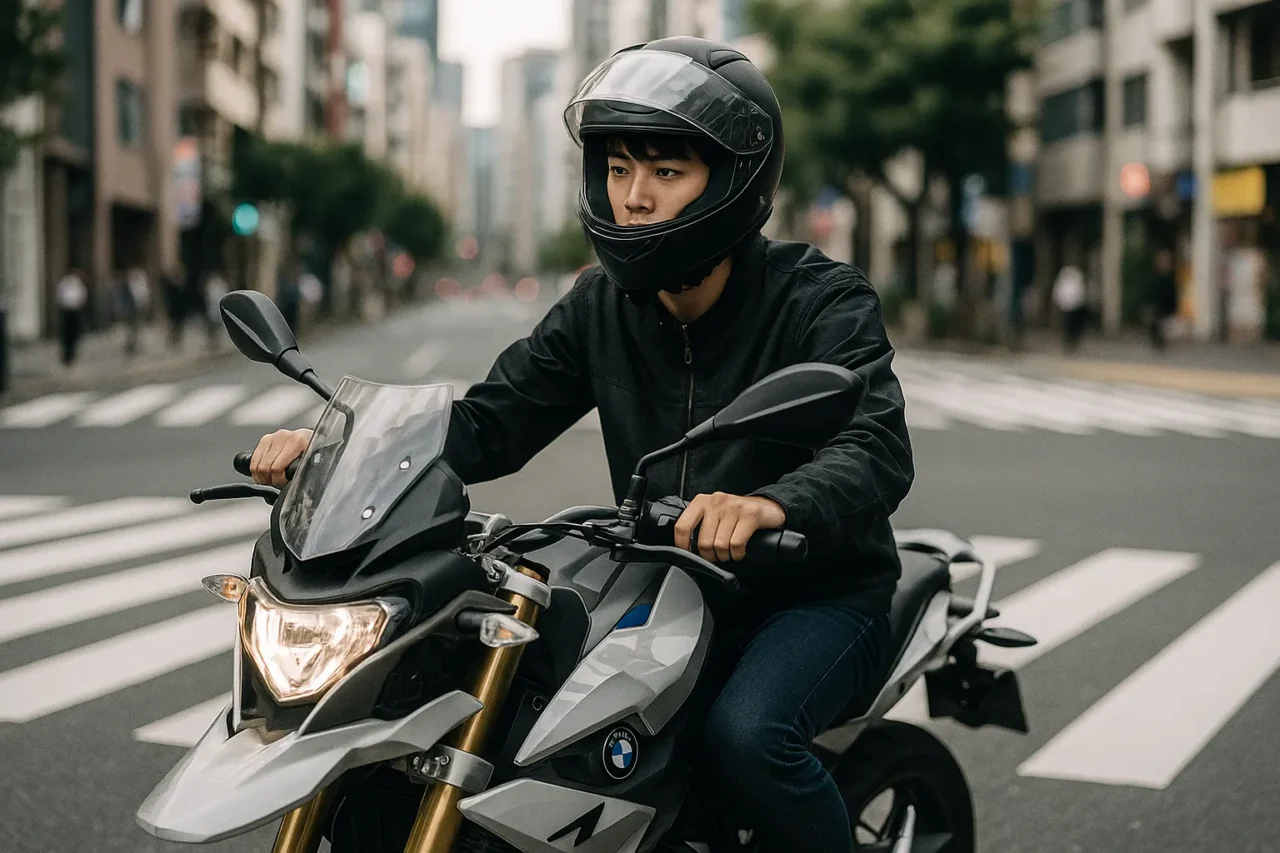 都市の横断歩道をBMWバイクで走る若いライダー