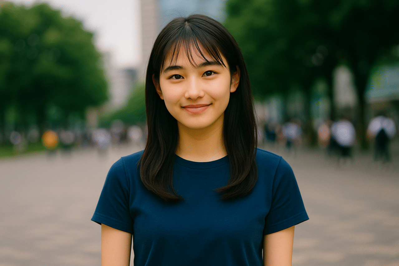 青い服を着た20代の日本人女性が屋外で微笑んでいる様子