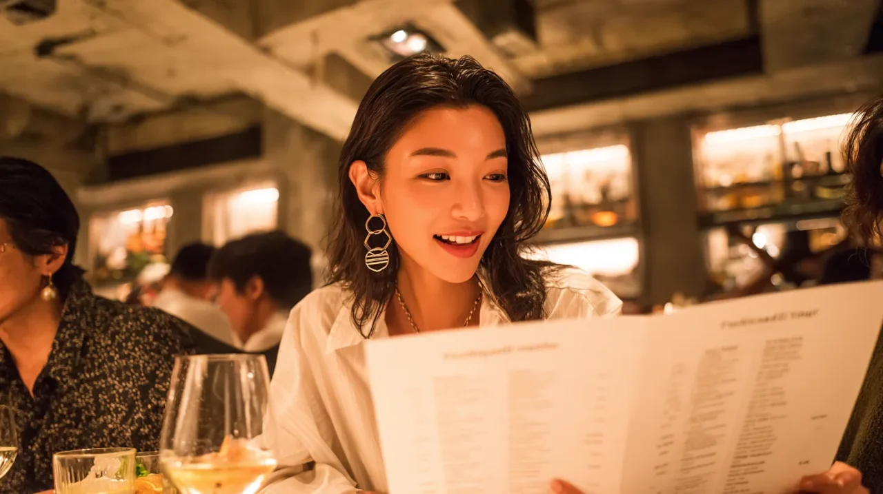 レストランでメニューを見ながらノンアルの選択を楽しむ笑顔の女性